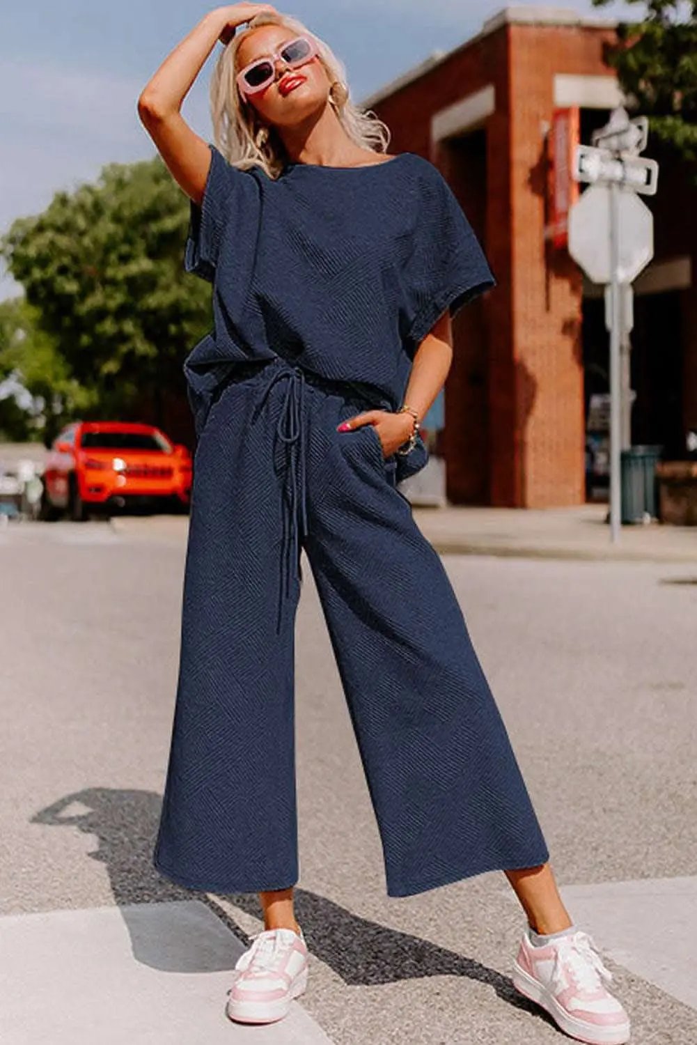 Navy Blue Textured Loose Fit T Shirt and Drawstring Pants Set - Love Salve